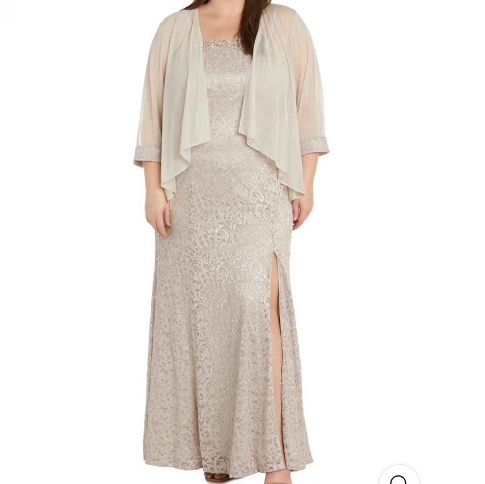 R & M Richards Plus Size Champagne Lace and Beaded Gown w/Sheer Cascading Jacket